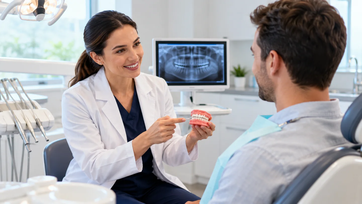 Imagem editorial ilustrativa: Profissional odontológico explicando exames da primeira consulta