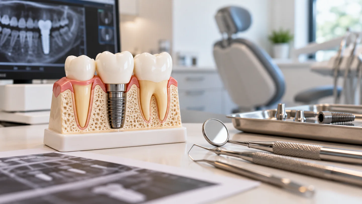 Imagem editorial ilustrativa: Modelo odontológico ilustrando o planejamento de implantes dentários